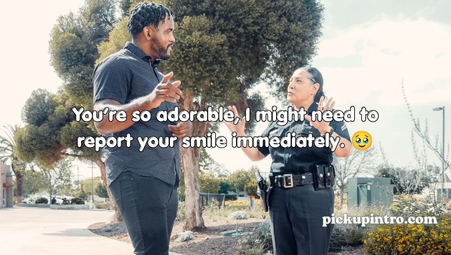 Cute police officer smiling during a friendly conversation