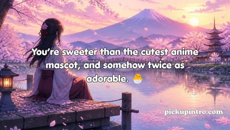 Cute anime pickup lines with an adorable anime couple smiling together