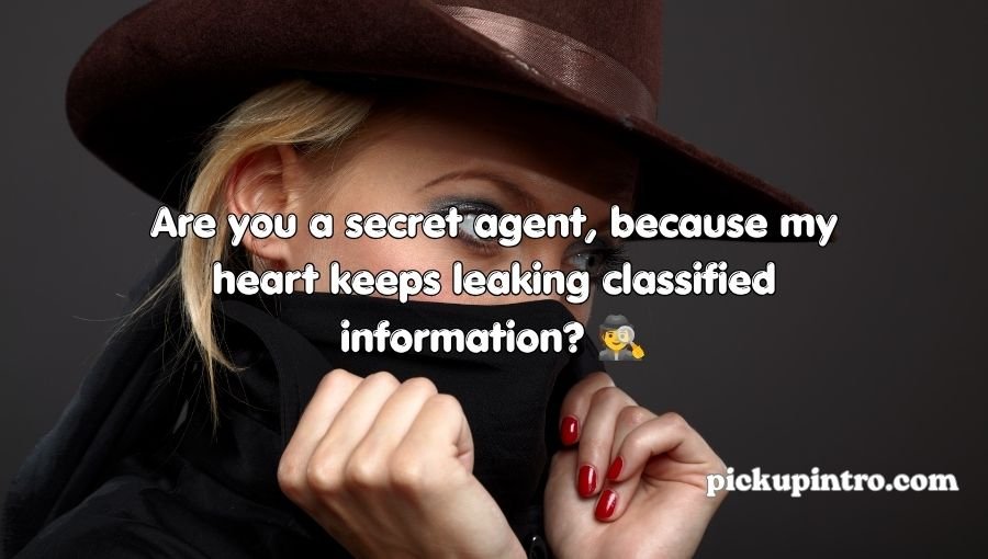 Spy-themed couple sharing a playful and mysterious romantic moment